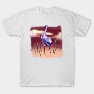 Crane Walking Through the Water in Reds, Purples, and Oranges T-Shirt